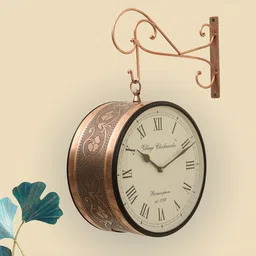 vedas Rutvi Brown & White Metal Railway Double Sided Wall Clock-30
