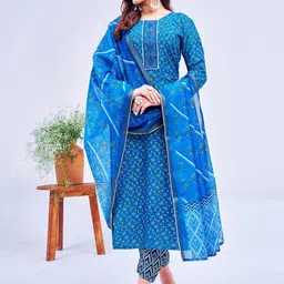 ARADHNA Women Ethnic Motifs Printed Regular Patchwork Kurta with Trousers & Dupatta-10