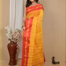 PuJoy Polka Dot Woven Design Zari Achma Design Pure Cotton Taant Saree-image-93