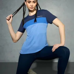 Women Colorblock Crew Neck Polyester Navy Blue T-Shirt-image-4