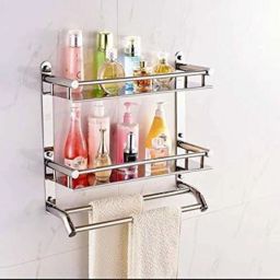 Multipurpose Wall Mount Kitchen 3-Tier Storage Shelf Stainless Steel Bathroom Hanging Rack Organizer with Hooks Silver Towel Holder (Steel) Silver Towel Holder-19