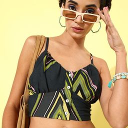 KASSUALLY Women Charcoal Grey & Green Geometric Print Crop Top-image-93