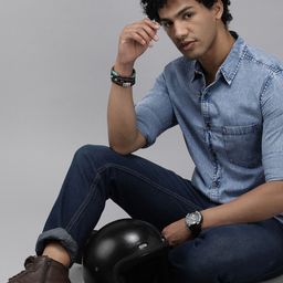 The Roadster Lifestyle Co Men Blue Solid Cotton Denim Shirt-image-16
