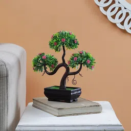 Foliyaj S Shaped Bonsai Tree With Green Leaves and Small Purple Flowers in Brown Pot-21