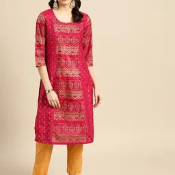 Sangria Women Fuchsia & Gold-Toned Ethnic Motifs Printed Kurta-picture-6