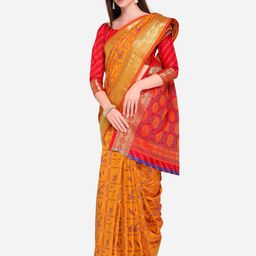 Saree mall Orange Silk Blend Printed Kanjeevaram Saree-image-93