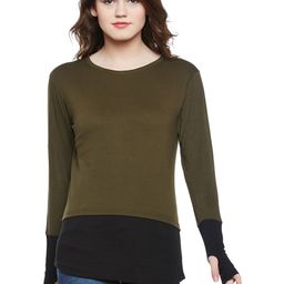Hypernation Women Olive Green & Black Colourblocked Round Neck T-shirt-picture-5