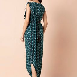 INDYA Teal & White Printed Basic Jumpsuit with Attached Dupatta & Belt image 4
