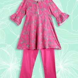 Biba Girls Pink & Green Floral Printed Kurta with Trousers-picture-17