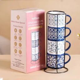 Nestasia Floral Design Coffee Mugs With Stand Set Of 4 200ml-36