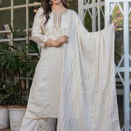THE52 Floral Embroidered Sequinned Chanderi Silk Straight Kurta With Trousers & Dupatta-image-13
