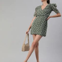 Scorpius Green & White Floral Print A Line Dress-4