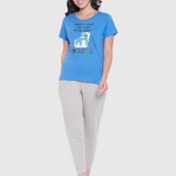 Clovia Blue Graphic Print Pajama Set-image-29