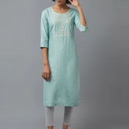 W Blue Embellished Straight Kurta-image-85