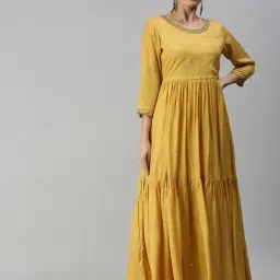 SHOWOFF Yellow Silk Calf Length Anarkali Kurta-image-11