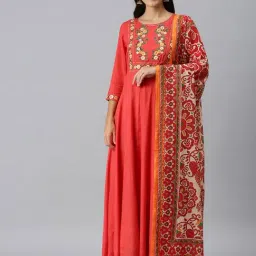 SHOWOFF Red Cotton Embroidered Calf Length Anarkali Kurta-9