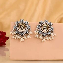 Voylla Silver Qasbah Padma Oxidised Two Tone Stud Earrings-picture-49