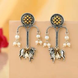 Voylla Silver Qasbah Nandi Oxidised Two Tone Drop Earrings-picture-14