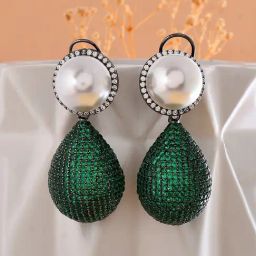 Voylla Silver Sparkling Elegance Celestial Charms American Diamond Green Drop Earrings-picture-12