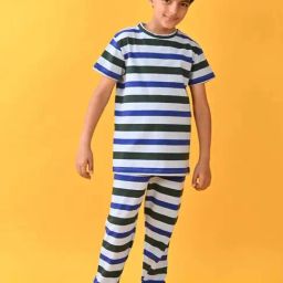 Anthrilo Kids Blue Cotton Striped T-Shirt & Trouser-image-36