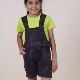 Kiddopanti Girls Black & Violet Printed Dungaree-image-37