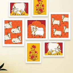 Art Street White Indian Art Print Cow With Flower Theme Wall Hanging - Set of 7-48