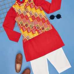YU by Pantaloons Kids Red & White Cotton Floral Print Full Sleeves Kurta Set-image-20