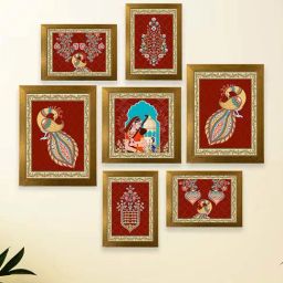 Art Street Maroon Indian Art Print Meera Holding Sitar With Peacock Wall Hanging - Set of 7-18