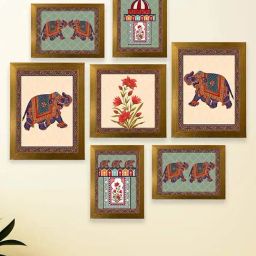 Art Street Peach & Green Indian Art Print Elephant With Flower Wall Hanging - Set of 7-image-81