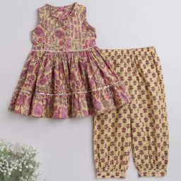 The Magic Wand Kids Yellow & Lilac Cotton Floral Print Kurta Set-picture-35