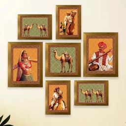 Art Street Orange & Green Art Print Rajasthani Man And Woman With Camel Wall Hanging - Set of 7-12