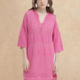 RAREISM Pink Cotton Solid Three-Quarter Sleeves Dress-image-82