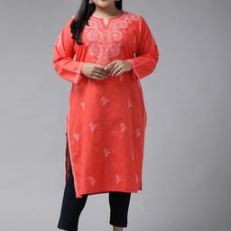 ADA Women Plus Size Coral Red & White Ethnic Pure Cotton Chikankari Embroidered Handloom Kurta-image-57