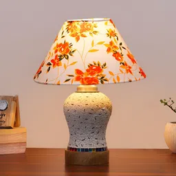 Devansh White & Orange Floral Printed Frustum Shaped Wooden Table Lamp-48
