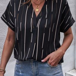 Stylecast X Slyck Striped Mandarin Collar Extended Sleeves Top-image-15