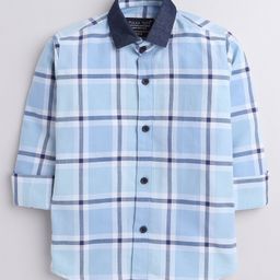 Polka Tots Full Sleeves Denim Collar Detail Checkered Shirt - Light Blue-image-4