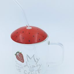 Sanjary  Starwberry Glass Cup Tumbler Lid and Straw Red & White - 430 ml-20