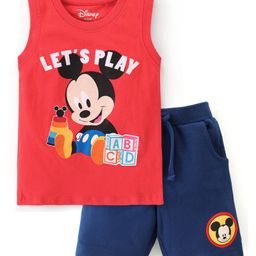 Babyhug Disney Cotton Knit Single Jersey Sleeveless T-Shirt & Short with Mickey Mouse Graphics - Red & Navy Blue-image-97