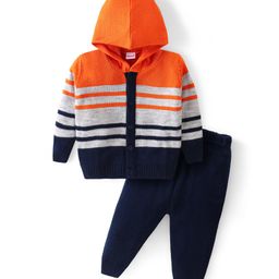 Babyhug Knitted Full Sleeves Striped Hooded Front Open Sweater Set - Navy Blue Grey & Orange-image-17