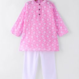 Babyhug Cotton Woven Full Sleeves Floral Embroidered Kurta Pyjama Set - Pink-image-35