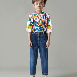 Ollington St. 100% Cotton Knit Half Sleeves Abstract Printed Shirt & Denim Jeans Set With Bow & Suspender - Multicolor-image-36