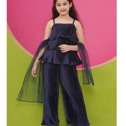 AJ Dezines Sleeveless Pleated Solid Top Pant With Dupatta Set - Dark Blue-image-85