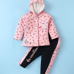 Little Darlings Quilted Cotton Full Sleeves Hooded Printed Winter Night Suit - Coral Pink-image-72