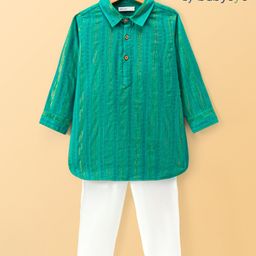 Babyoye Woven Full Sleeves Collar Neck Kurta Pyjama Set With Foil Print - Green-image-79