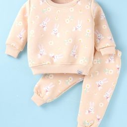 Teddy Fleece Knit Full Sleeves Winter Wear Night Suit with Floral & Bunny  Print - Light Peach-image-94