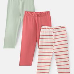 Bonfino 100% Cotton Knit Full Length Striped & Solid Color Leggings Pack Of 3 - Mint Off White & Pink-picture-45