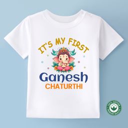 BLUSHES Ganesha Theme 100% Cotton Half Sleeve Ganesh Chaturthi Printed Tee-White-image-44