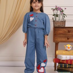Budding Bees Cotton Three Fourth Sleeves Hearts Patch Detailed Denim Jumpsuit - Blue-image-77