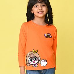 NUSYL Cotton Blend Full Sleeves Hello Cutie Text Printed Tee - Orange-image-84