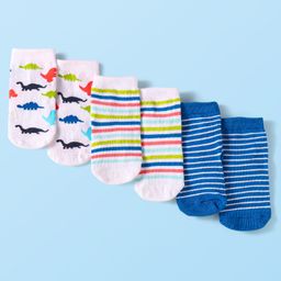 Cute Walk By Babyhug Cotton Knit Anti-Bacterial Ankle Length Socks With Stripes & Dino Design Pack of 3 - White & Blue-image-28